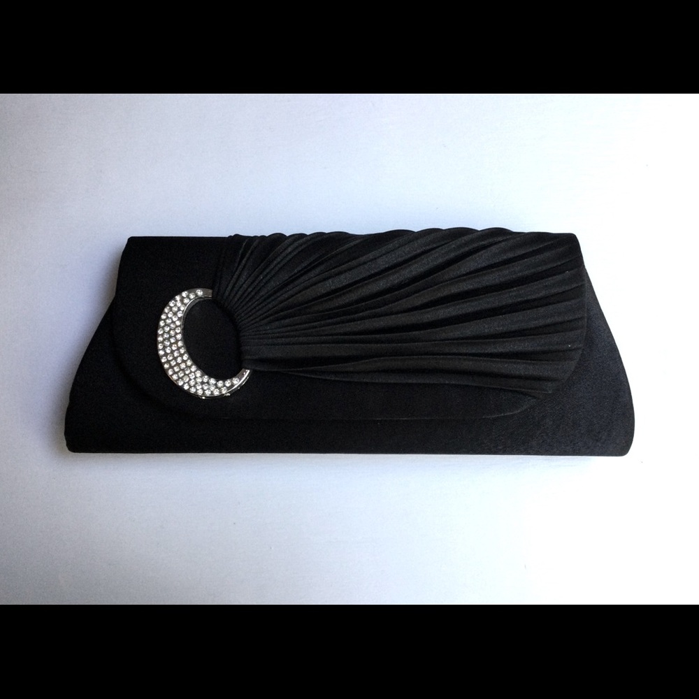 Black Satin with Crystal Inlaid 1/4 Moon Clutch/Crossbody Evening Bag.